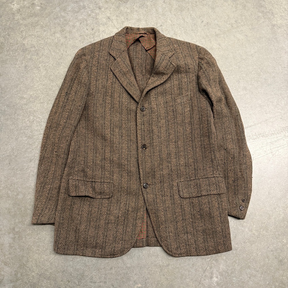 Vintage Brown Herringbone Tweed Blazer 3-Button Sport Coat Paisley Lining 44